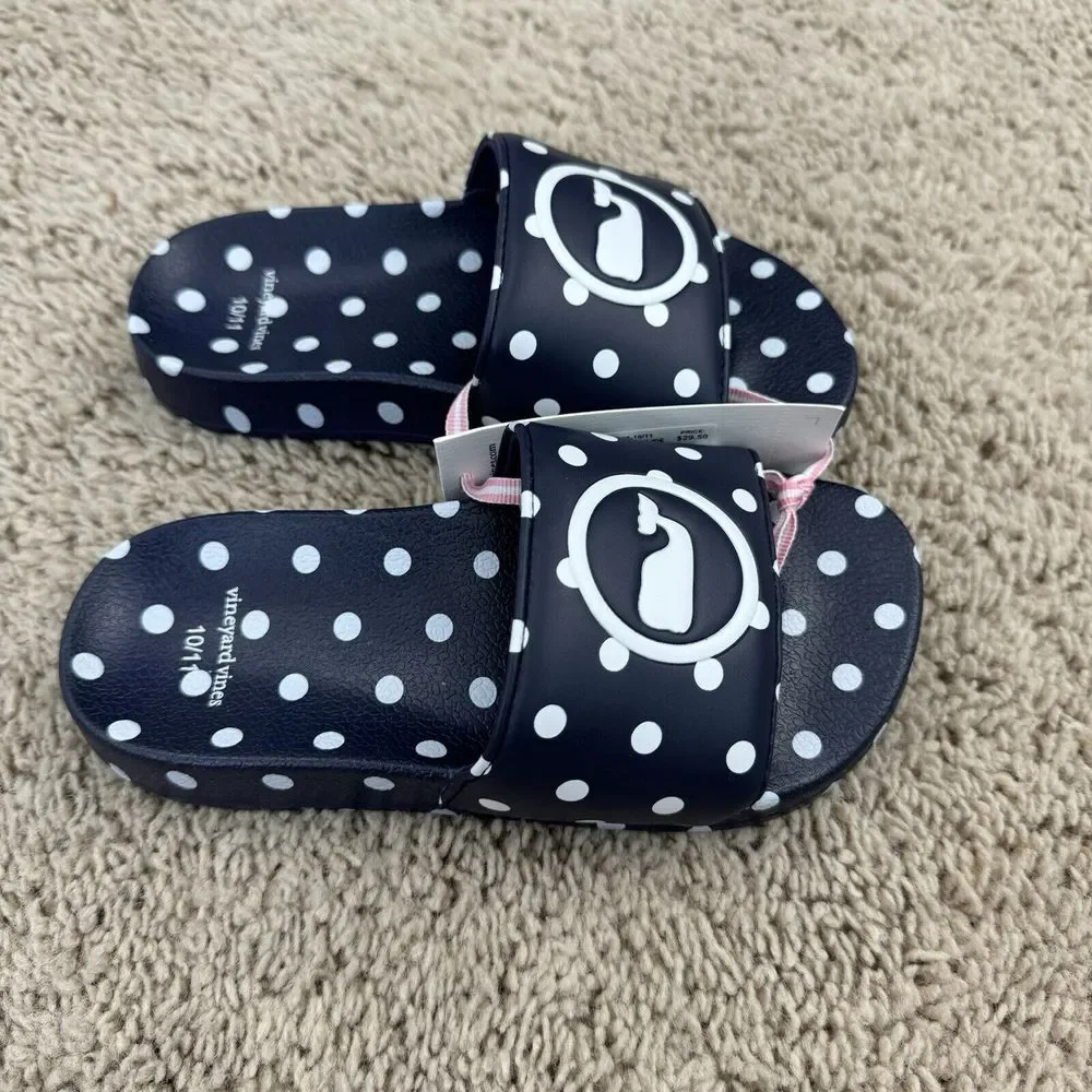 Vineyard Vines Slides Girls 10/11 Navy Polka Dot Whale Logo Poolside Sandal‎ NWT